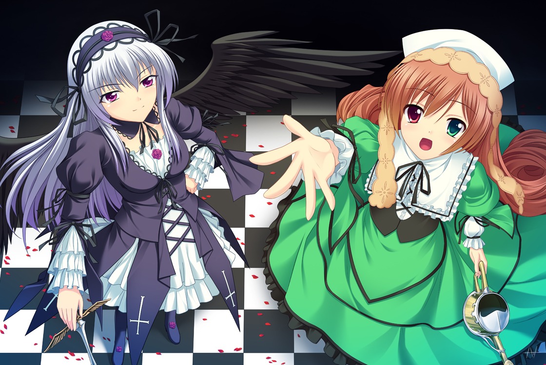 2girls 3girls argyle argyle_background argyle_legwear athrun1120 bad_id bad_pixiv_id board_game brown_hair checkered checkered_background checkered_floor chess_piece dress frills from_above green_dress green_eyes hairband hat heterochromia image lolita_fashion long_hair multiple_girls open_mouth outstretched_arm pair perspective petals photoshop_(medium) pink_eyes purple_eyes reaching red_eyes rozen_maiden silver_hair suigintou suiseiseki tile_floor tiles twin_drills twintails vanishing_point wings