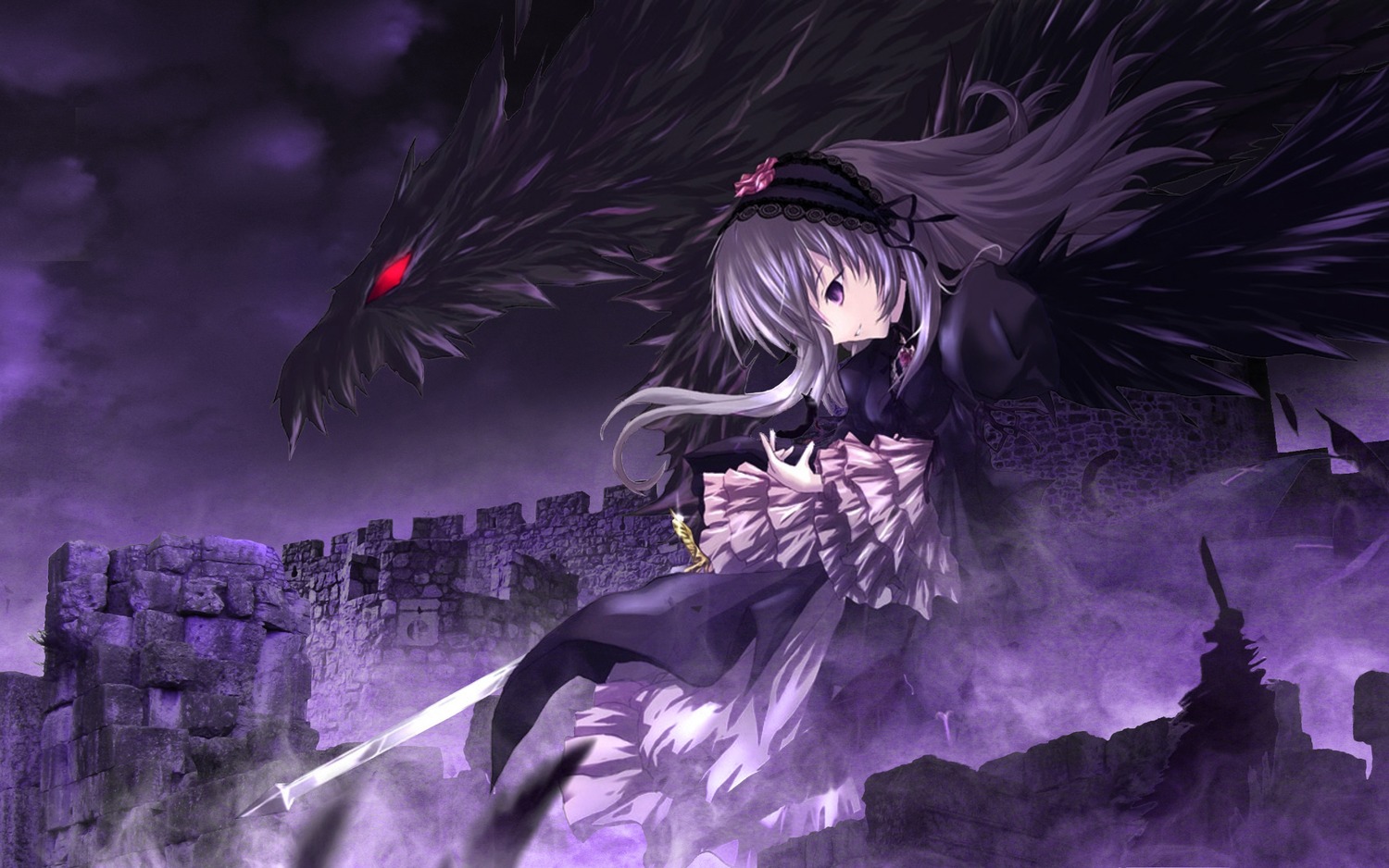 1girl black_wings dress flower frills hairband image long_hair long_sleeves purple_eyes ribbon rose solo suigintou weapon wings