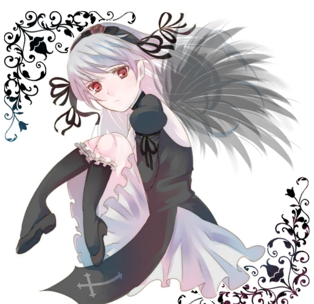 1girl auto_tagged black_dress black_footwear black_legwear black_ribbon black_wings dress flower frilled_sleeves frills full_body hairband image long_hair long_sleeves looking_at_viewer red_eyes ribbon silver_hair solo suigintou wings