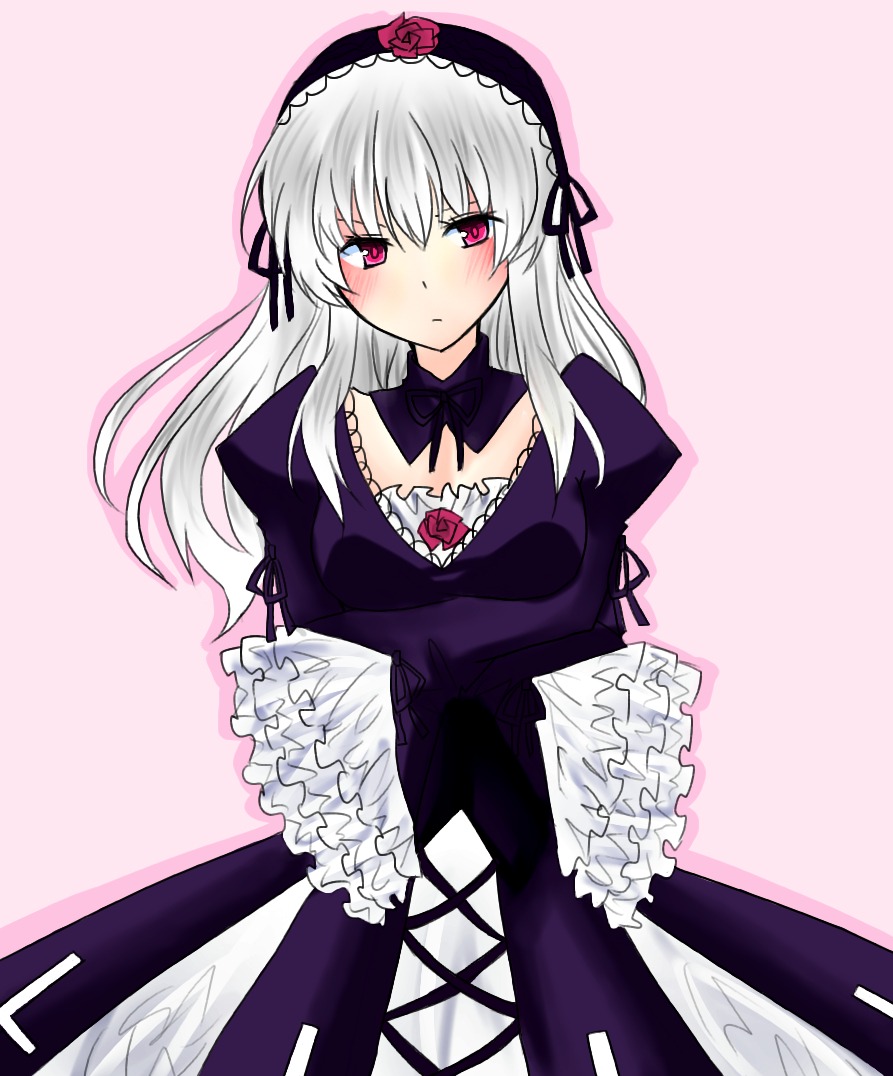 1girl blush detached_collar dress flower frills gothic_lolita hairband image lolita_hairband long_hair long_sleeves looking_at_viewer pink_eyes rose silver_hair solo suigintou