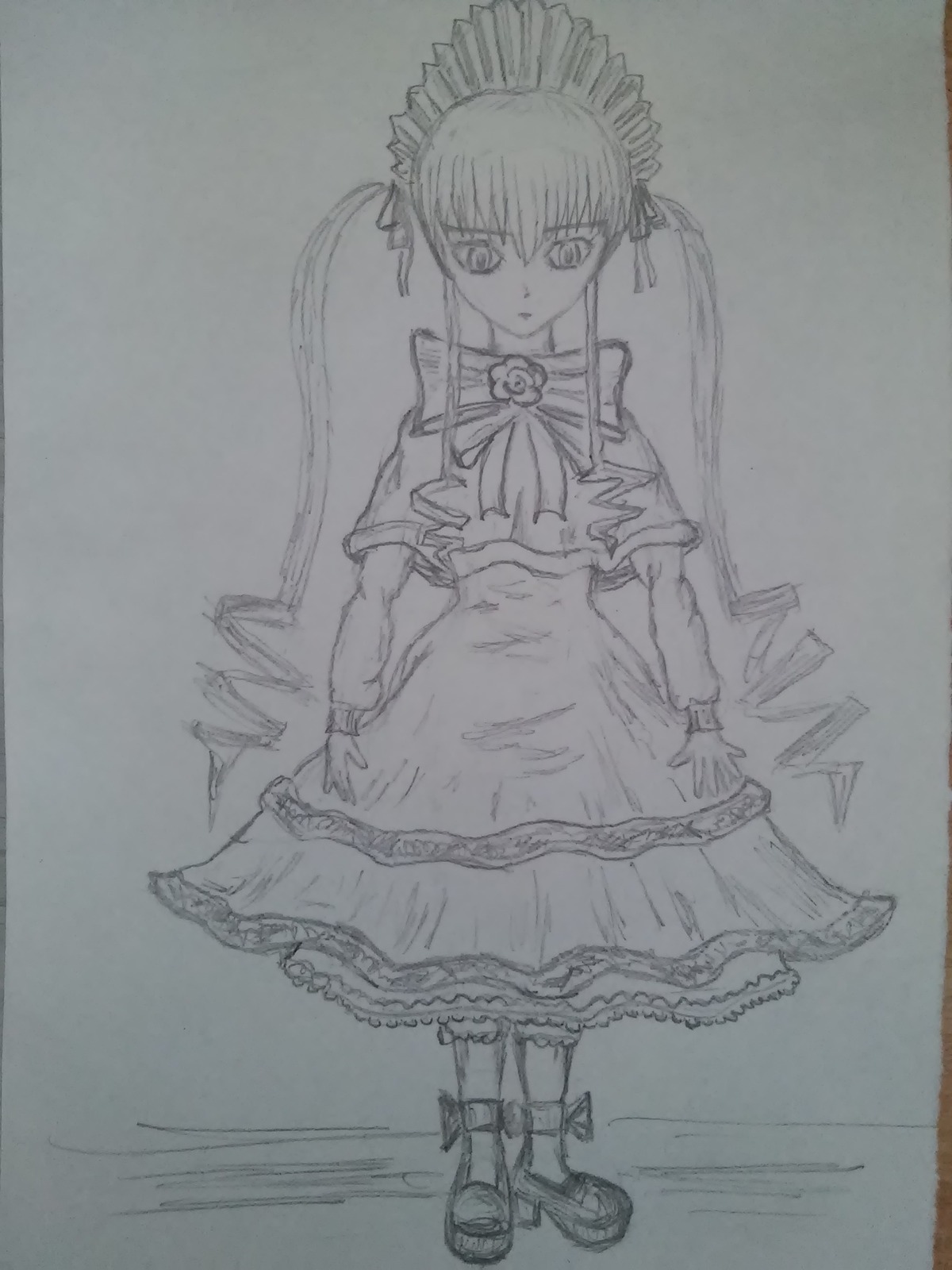 1girl bonnet bowtie dress frills full_body greyscale image long_hair long_sleeves looking_at_viewer monochrome photo shinku shoes sketch solo standing traditional_media twintails very_long_hair