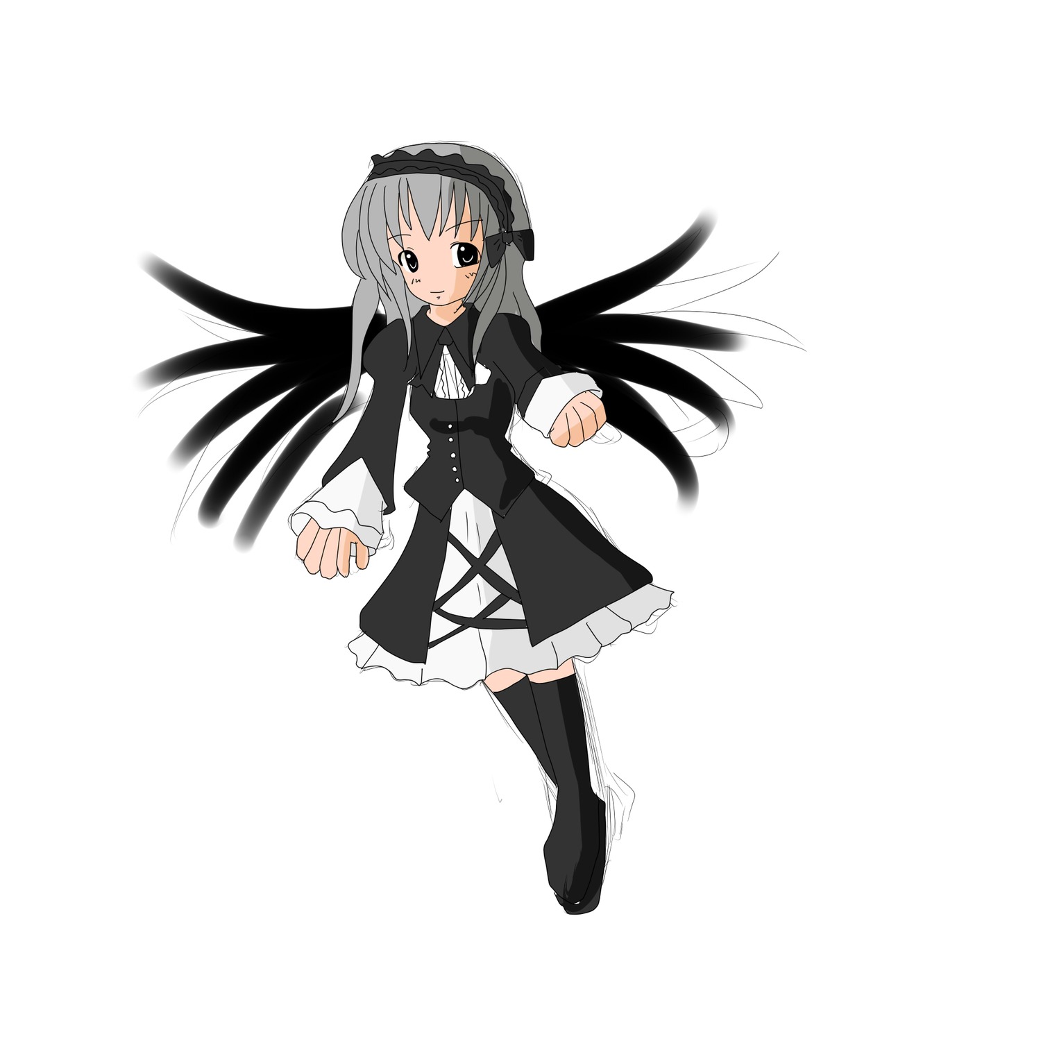1girl black_legwear black_wings blush dress frills full_body hairband image long_hair long_sleeves looking_at_viewer simple_background solo standing suigintou thighhighs white_background wings