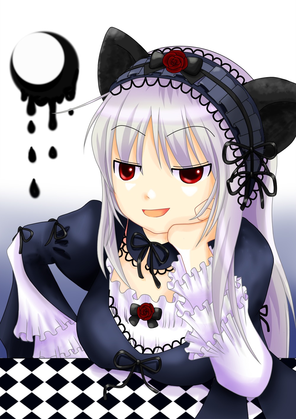 1girl argyle argyle_background board_game checkered checkered_background checkered_floor chess_piece dress flower frills hairband image lolita_hairband long_hair long_sleeves open_mouth perspective red_eyes rose silver_hair solo suigintou tile_floor tiles