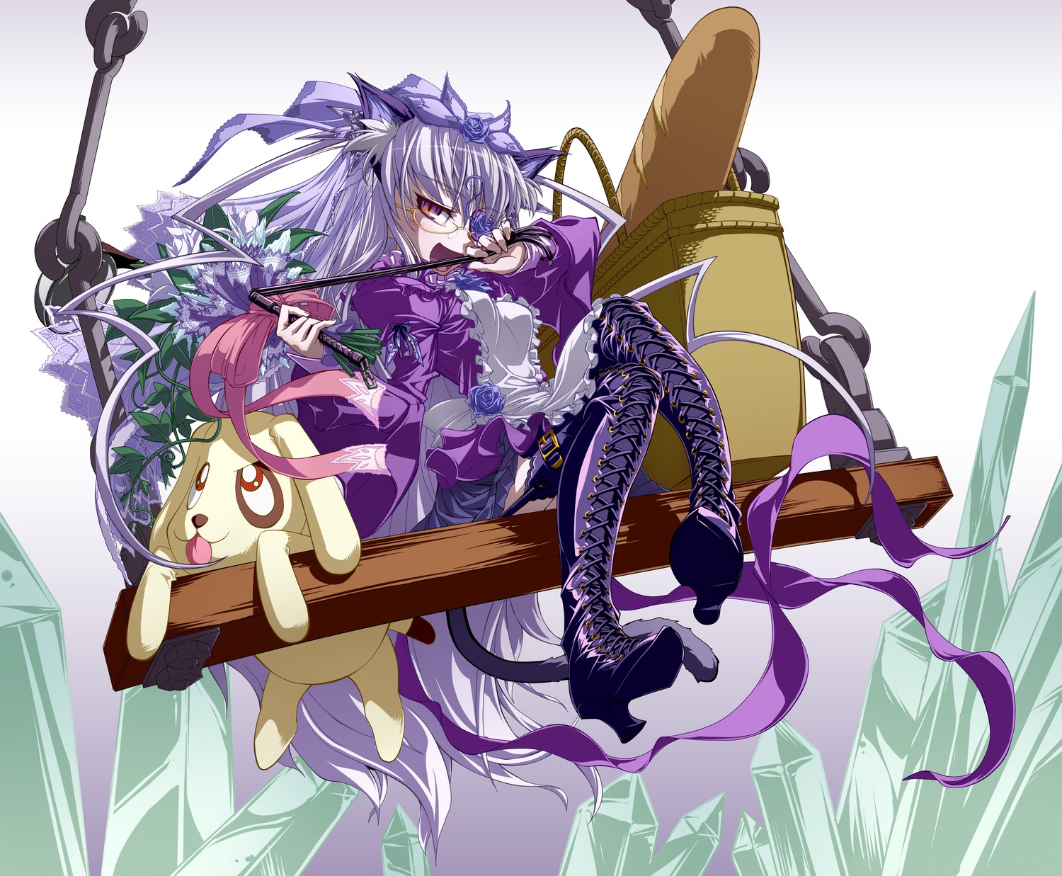 1girl absurdres animal_ears barasuishou boots bread cat_ears cat_tail chair commentary_request cross-laced_footwear crossed_legs crystal dress eyepatch flower food glasses highres image kunkun lace-up_boots leaf long_hair photoshop_(medium) purple_hair rozen_maiden sasa_ichi sitting solo stuffed_animal stuffed_dog swing tail thigh_boots thighhighs whip