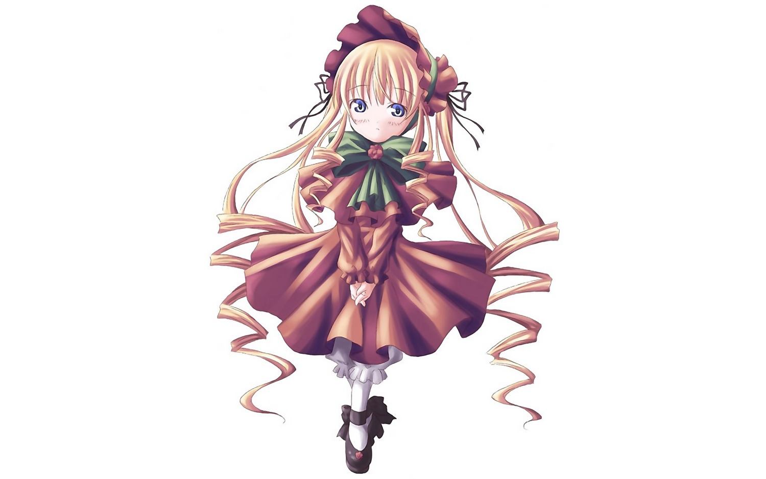 1girl blonde_hair blue_eyes blush bonnet bow bowtie capelet dress drill_hair full_body green_bow image long_hair long_sleeves looking_at_viewer red_dress shinku shoes simple_background solo standing twin_drills twintails v_arms very_long_hair white_background white_legwear