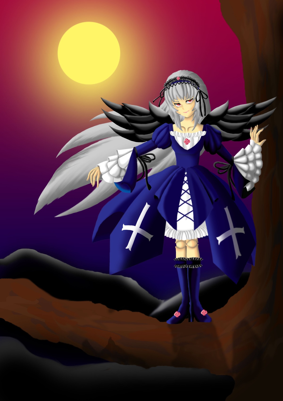 1girl black_wings boots dress flower frills full_body full_moon hairband image knee_boots long_hair long_sleeves looking_at_viewer moon night red_eyes rose silver_hair solo standing suigintou wings