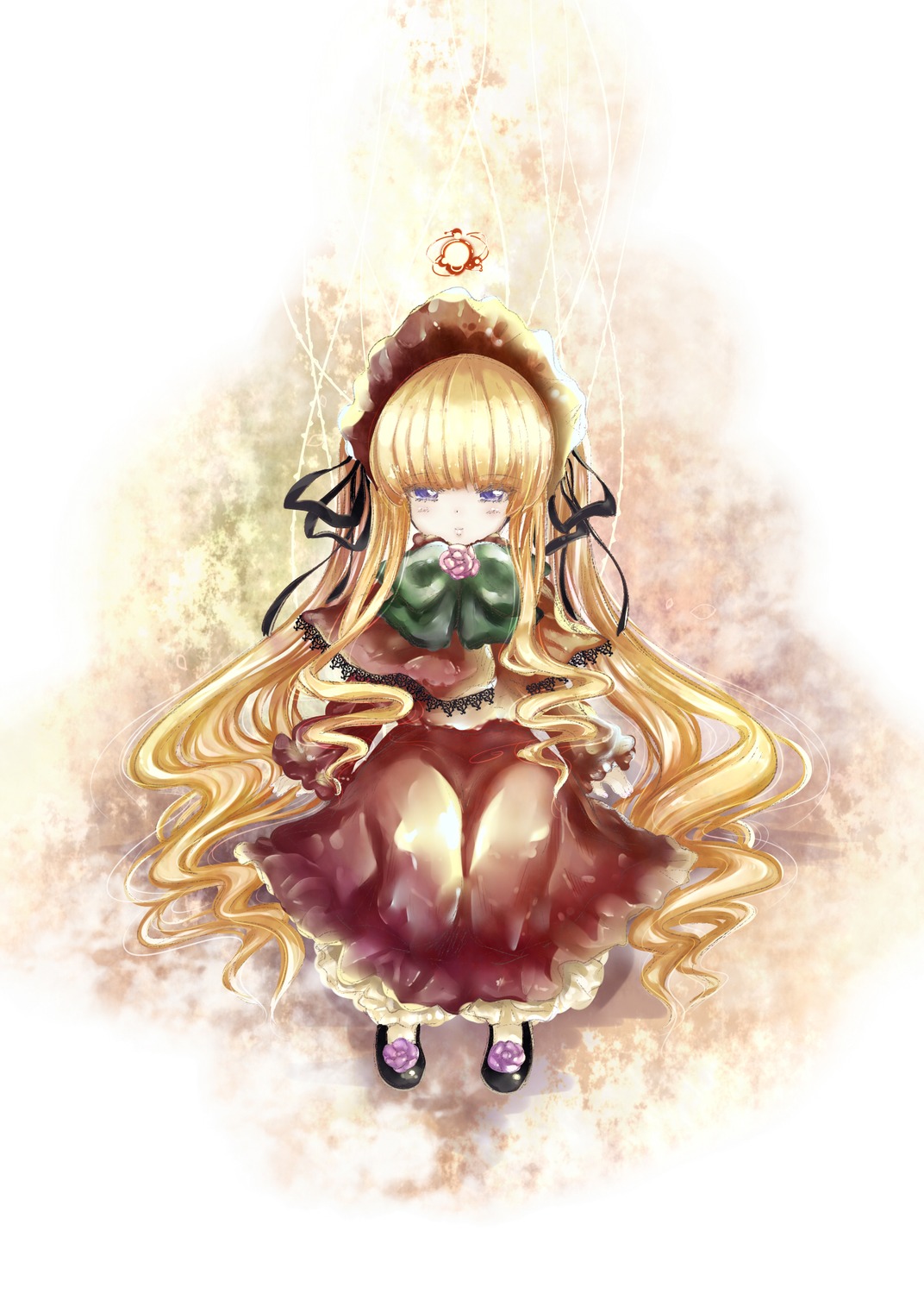 1girl blonde_hair blue_eyes bonnet bow dress drill_hair flower image long_hair looking_at_viewer shinku shoes sitting solo twintails very_long_hair