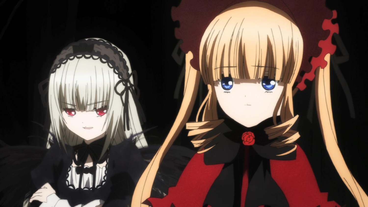 2girls blonde_hair blue_eyes bonnet bow dress drill_hair flower hairband image long_hair looking_at_viewer multiple_girls pair rose shinku silver_hair suigintou twintails