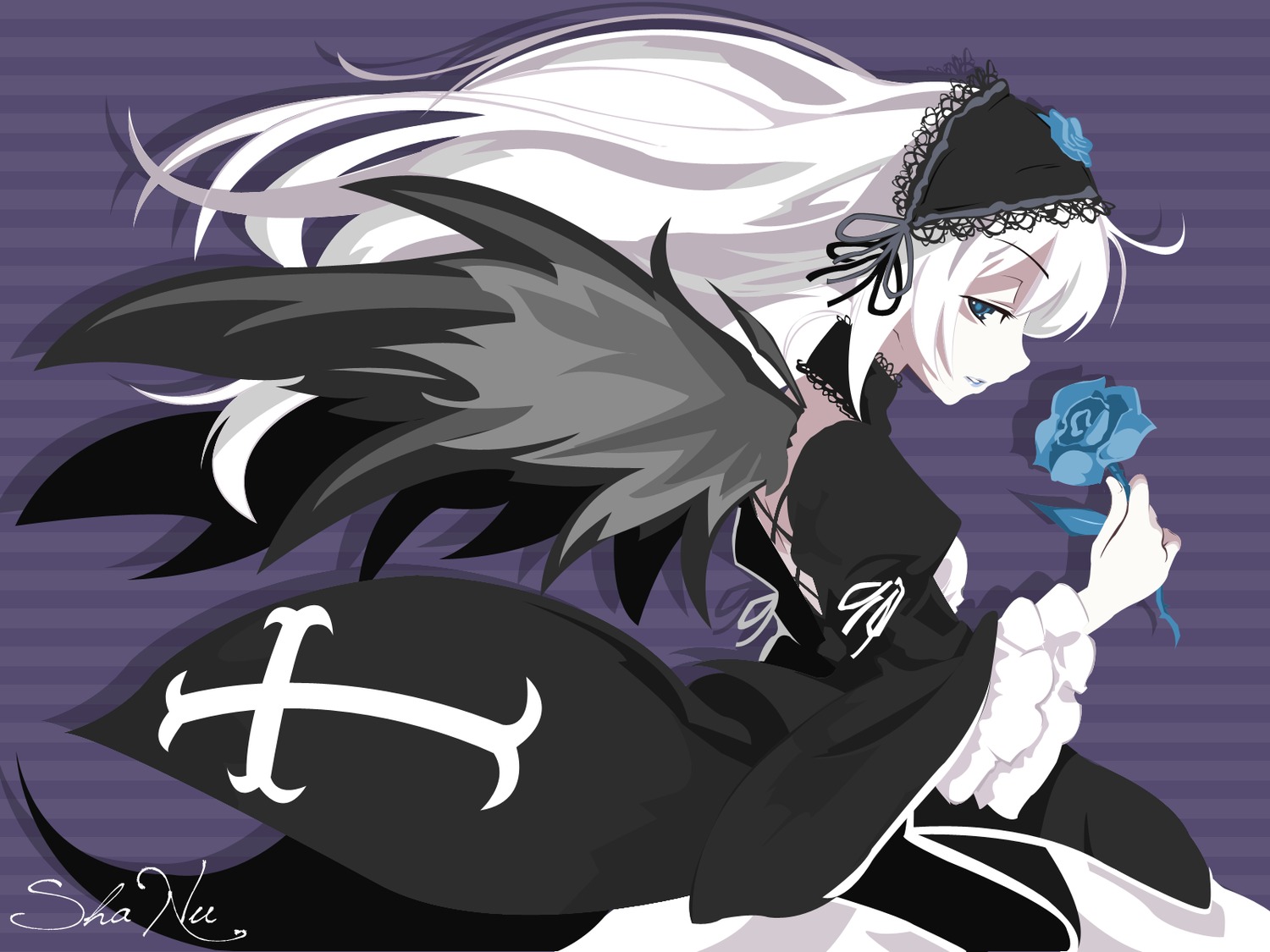 1girl black_dress black_wings blue_eyes blue_flower blue_rose dress flower frilled_sleeves frills gothic_lolita hairband image lolita_fashion lolita_hairband long_hair long_sleeves pale_skin puffy_sleeves ribbon rose silver_hair solo suigintou very_long_hair white_hair wings