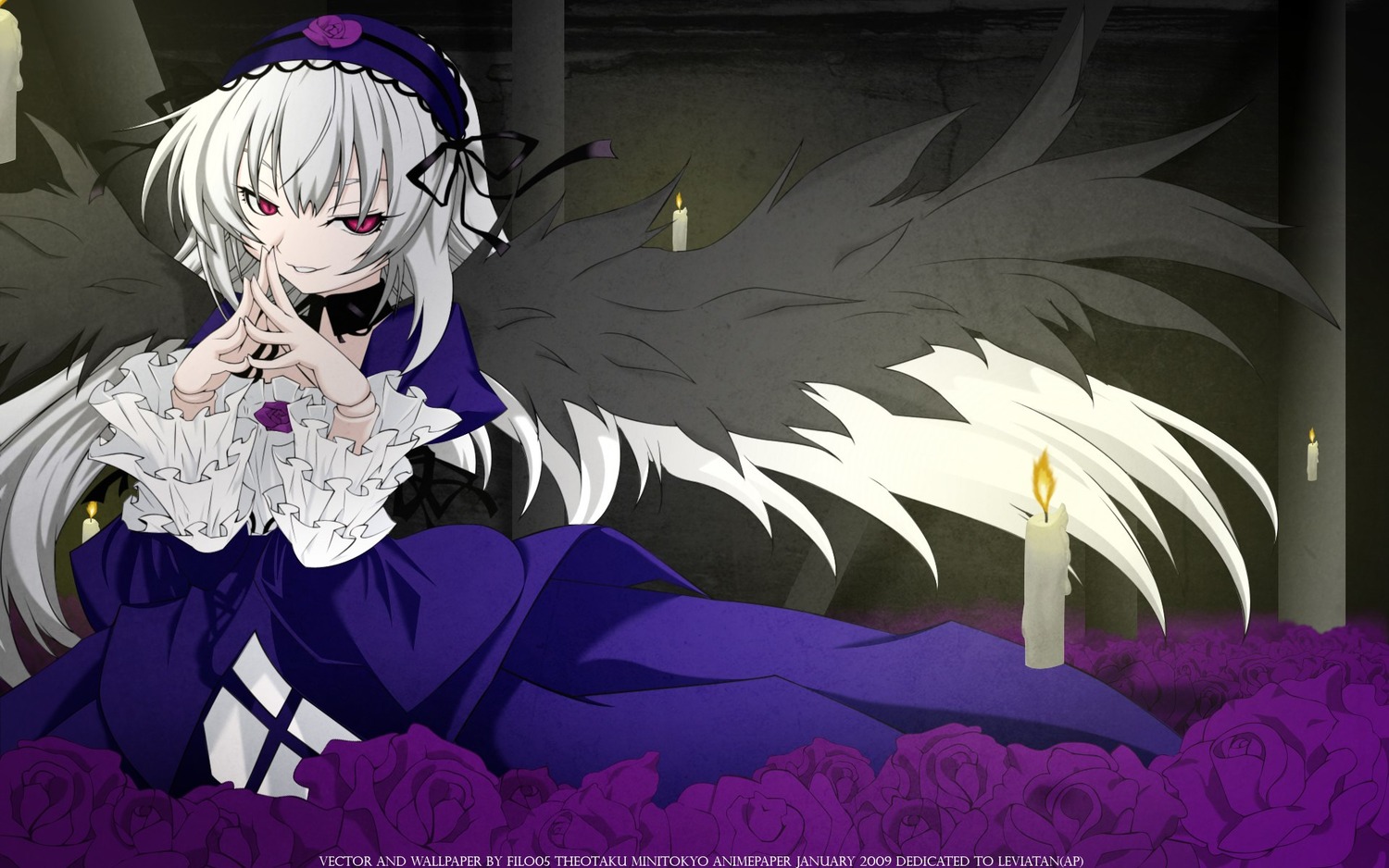 1girl black_wings dress feathers flower frilled_sleeves frills hairband image long_hair long_sleeves looking_at_viewer purple_flower purple_rose red_eyes rose silver_hair smile solo suigintou wings