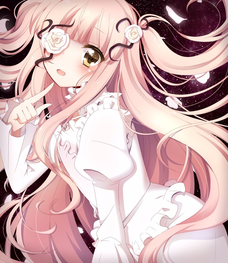 1girl blush dress eyepatch flower frills hair_flower hair_ornament image kirakishou long_hair long_sleeves looking_at_viewer open_mouth pink_hair ribbon rose solo two_side_up very_long_hair white_flower white_rose