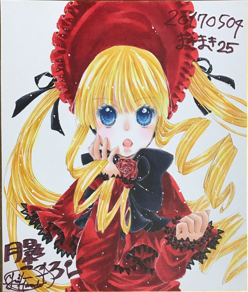 1girl artist_name blonde_hair blue_eyes blush bonnet dated dress drill_hair flower image long_hair long_sleeves looking_at_viewer marker_(medium) millipen_(medium) open_mouth pink_rose red_capelet red_dress ringlets rose sample shikishi shinku signature solo traditional_media twin_drills twintails