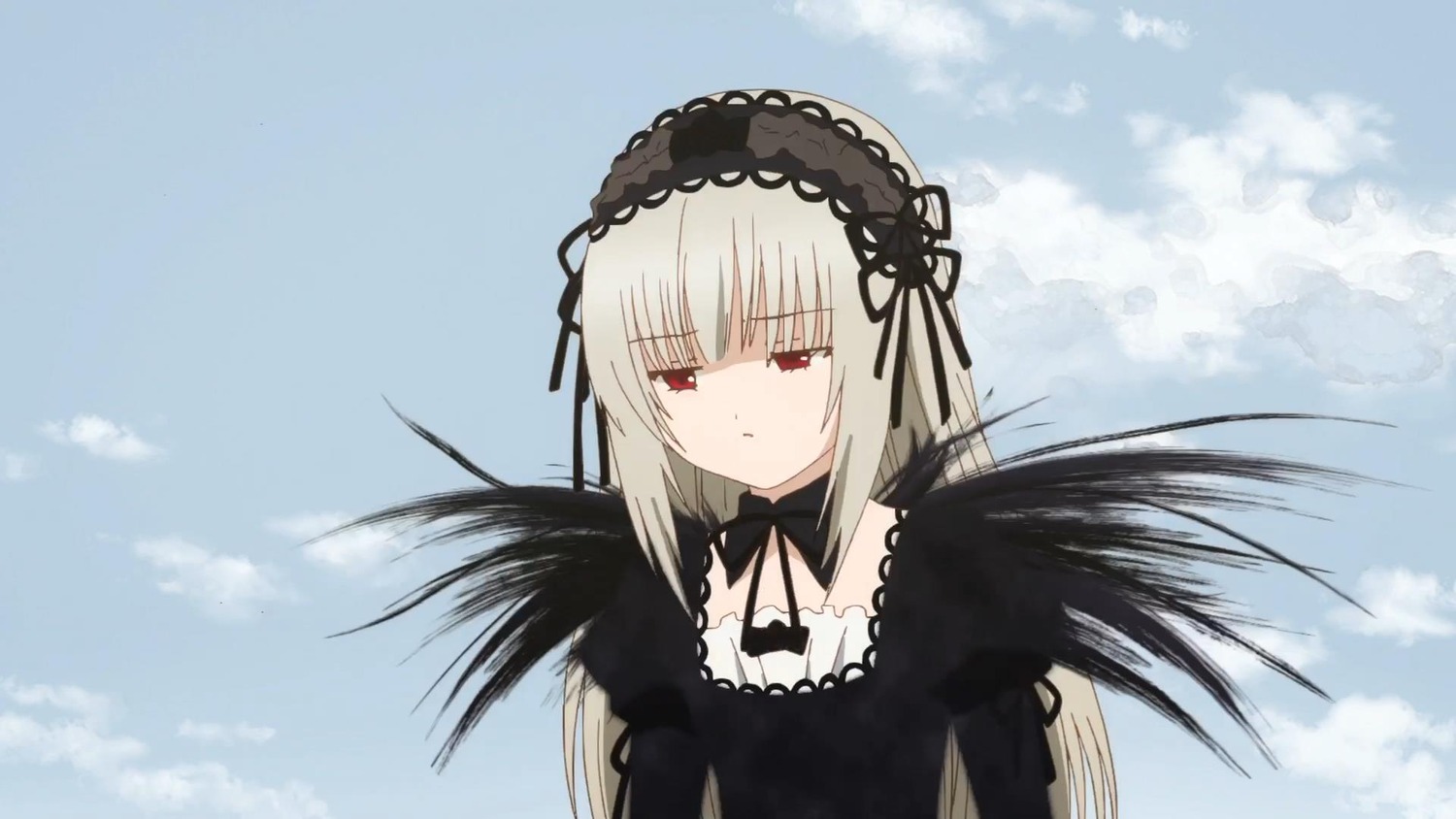 1girl bangs black_dress black_ribbon black_wings closed_mouth cloud detached_collar dress frills hairband image long_hair long_sleeves red_eyes silver_hair sky solo suigintou upper_body wings