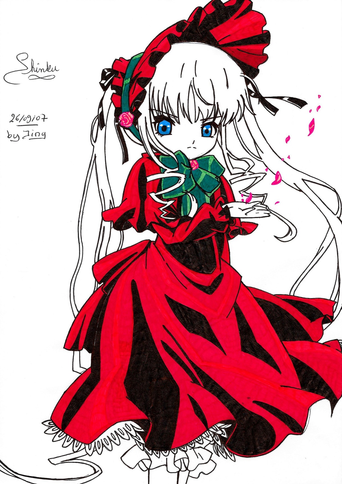 1girl blue_eyes bow bowtie crossed_arms dated dress flower image long_hair long_sleeves looking_at_viewer red_dress red_flower red_rose rose shinku solo twintails white_background