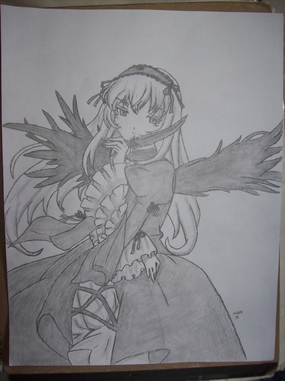 1girl black_wings dress feathered_wings frills greyscale hairband image long_hair long_sleeves looking_at_viewer monochrome photo shikishi simple_background solo suigintou traditional_media very_long_hair white_background wings
