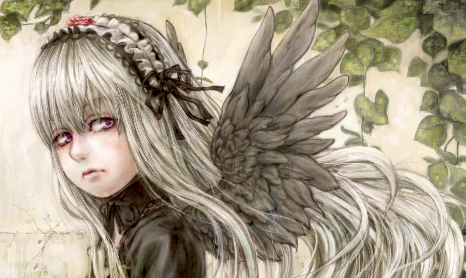 1girl bangs black_dress black_ribbon black_wings closed_mouth dress feathered_wings flower frills hairband image lips long_hair long_sleeves looking_at_viewer pink_eyes ribbon rose silver_hair solo suigintou wings