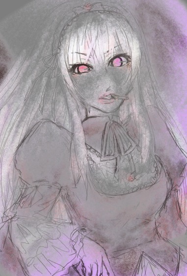 1girl detached_collar dress frilled_sleeves frills hairband image long_hair long_sleeves looking_at_viewer pink_eyes puffy_sleeves rose solo suigintou upper_body