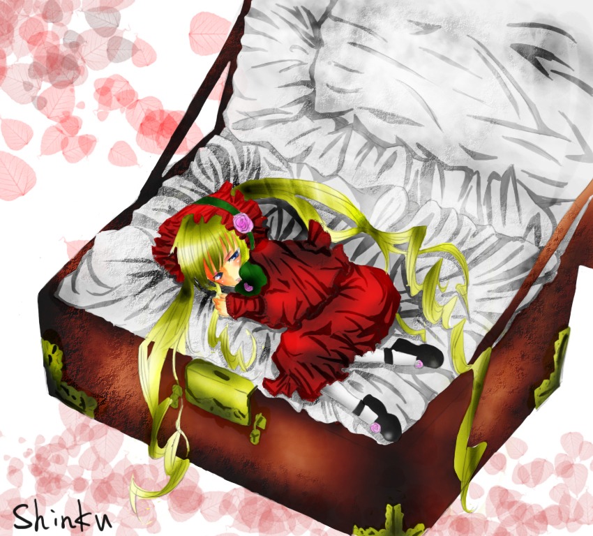 1girl blonde_hair blue_eyes bonnet cup dress flower frills image long_hair long_sleeves lying pillow red_dress shinku solo twintails very_long_hair