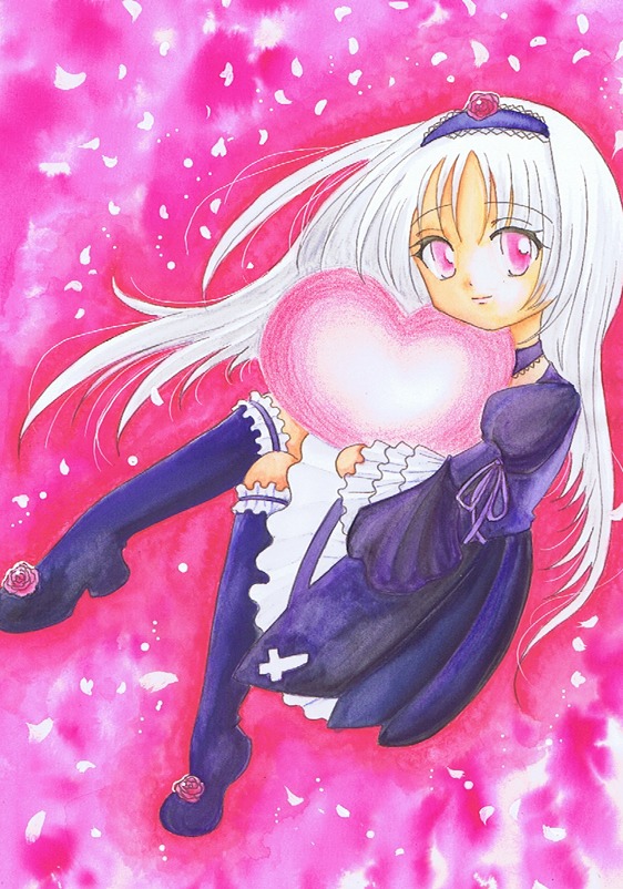 1girl cherry_blossoms dress frills full_body hairband image kneehighs long_hair long_sleeves looking_at_viewer lying petals pillow rose rose_petals smile solo suigintou traditional_media white_hair