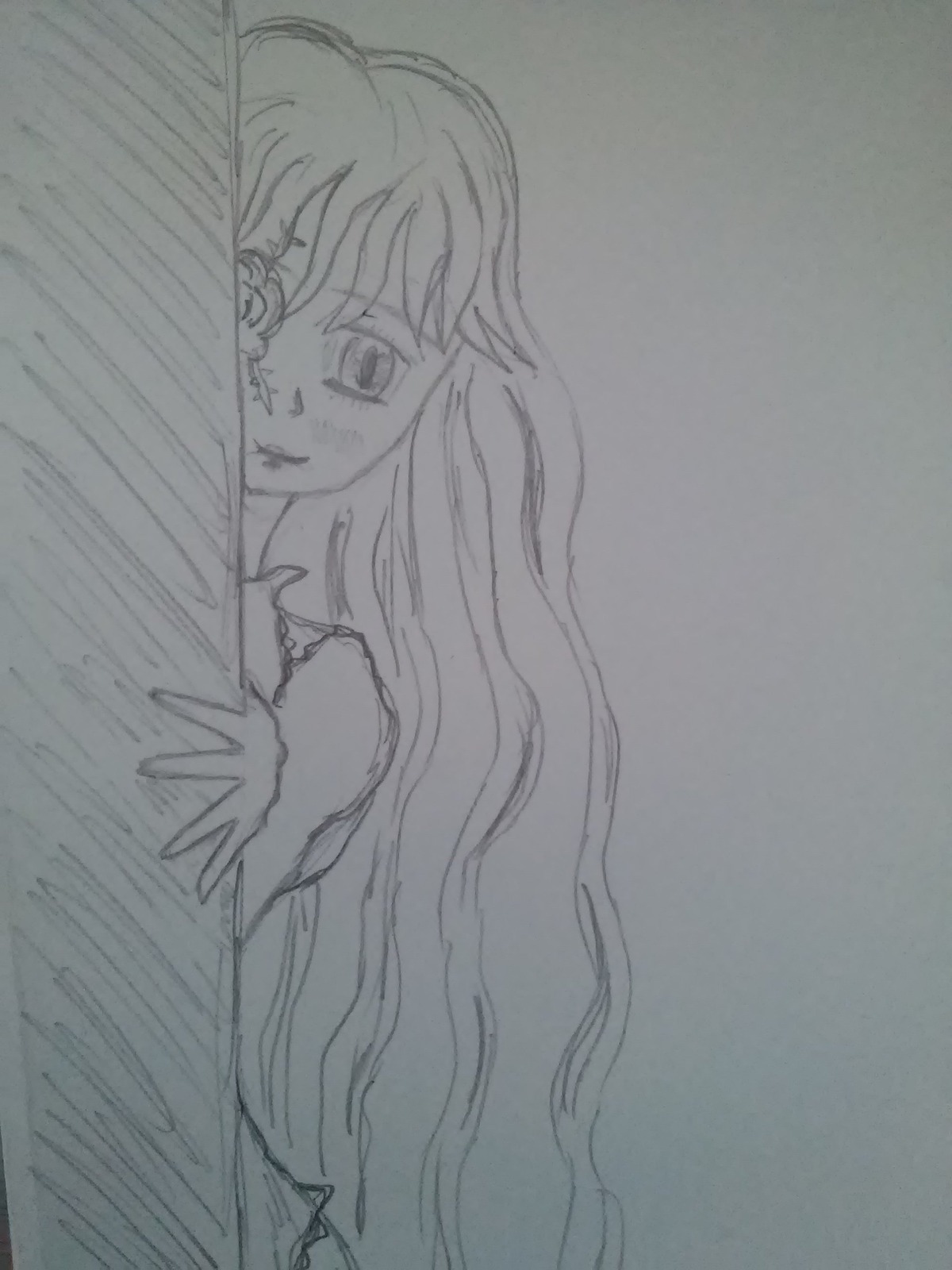 1girl greyscale image kirakishou long_hair looking_at_viewer monochrome smile solo traditional_media