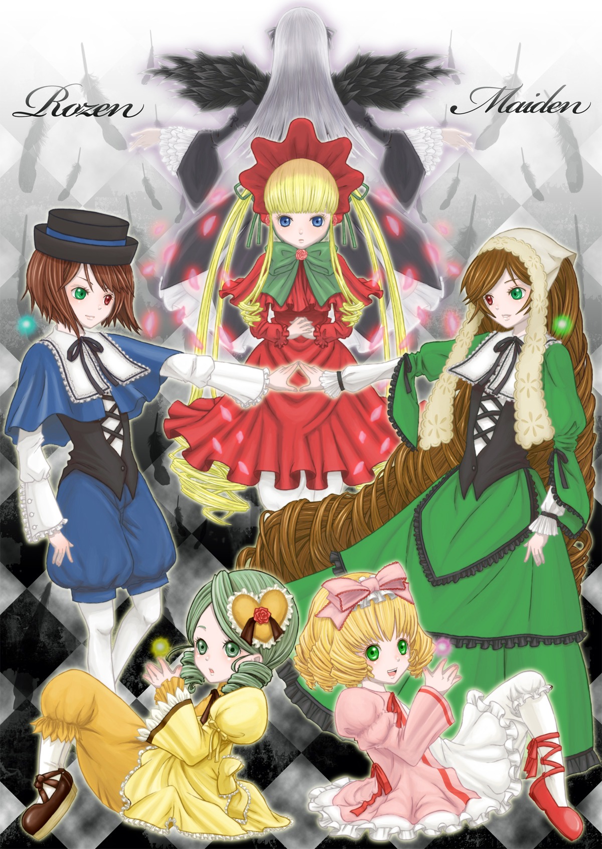 blonde_hair blue_eyes bow brown_hair checkered dress frills green_dress hat head_scarf heterochromia hina_ichigo image long_hair long_sleeves multiple multiple_girls pink_bow shinku short_hair suiseiseki tagme twintails very_long_hair