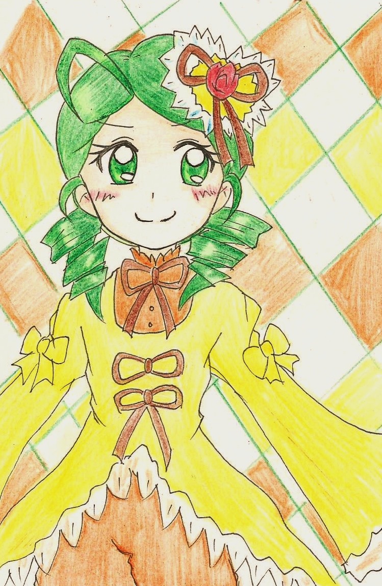 1girl argyle argyle_background argyle_legwear bow bowtie checkered checkered_background checkered_floor chess_piece crown dress drill_hair green_eyes green_hair image kanaria marker_(medium) plaid_background solo tile_floor tile_wall tiles traditional_media twin_drills