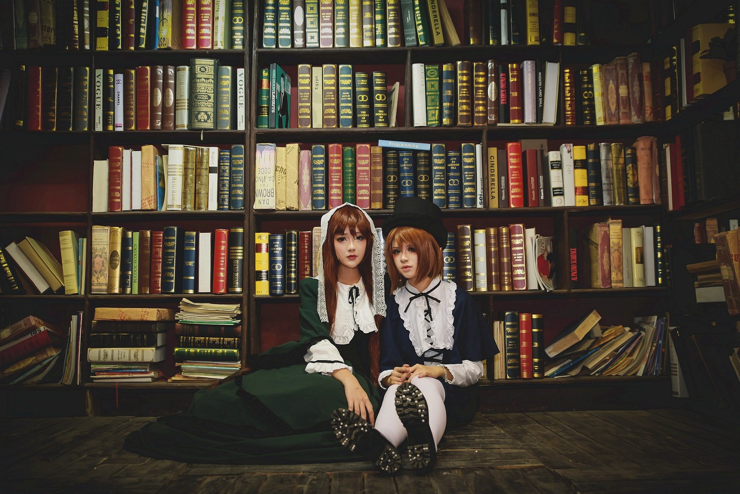 2girls book book_stack bookshelf brown_hair globe holding holding_book indoors ladder library long_hair looking_at_another multiple_cosplay multiple_girls open_book quill sitting tagme voile