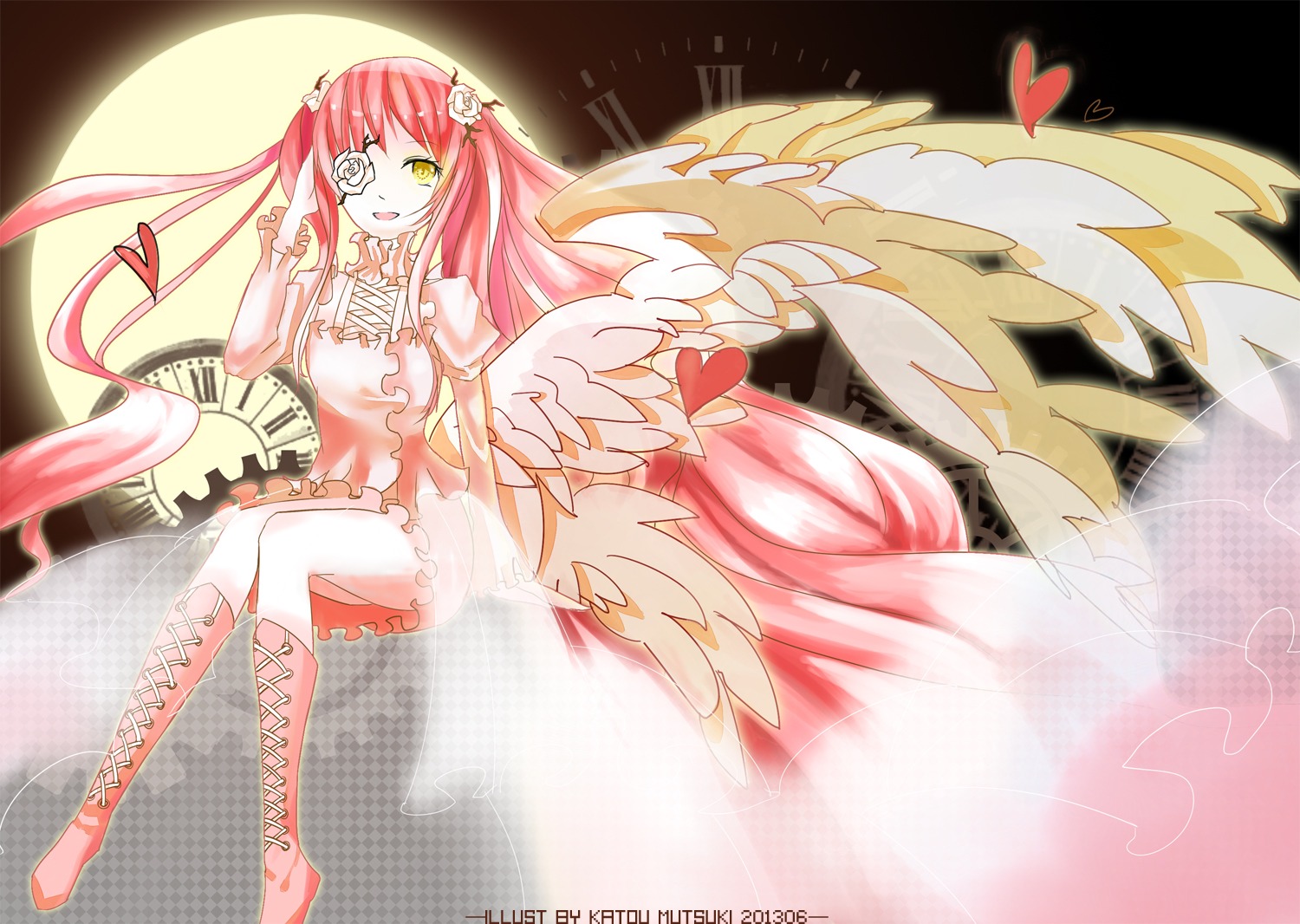 1girl angel_wings boots dress feathered_wings flower image kirakishou long_hair open_mouth pink_hair ribbon sitting smile solo thighhighs two_side_up ultimate_madoka white_wings wings yellow_eyes