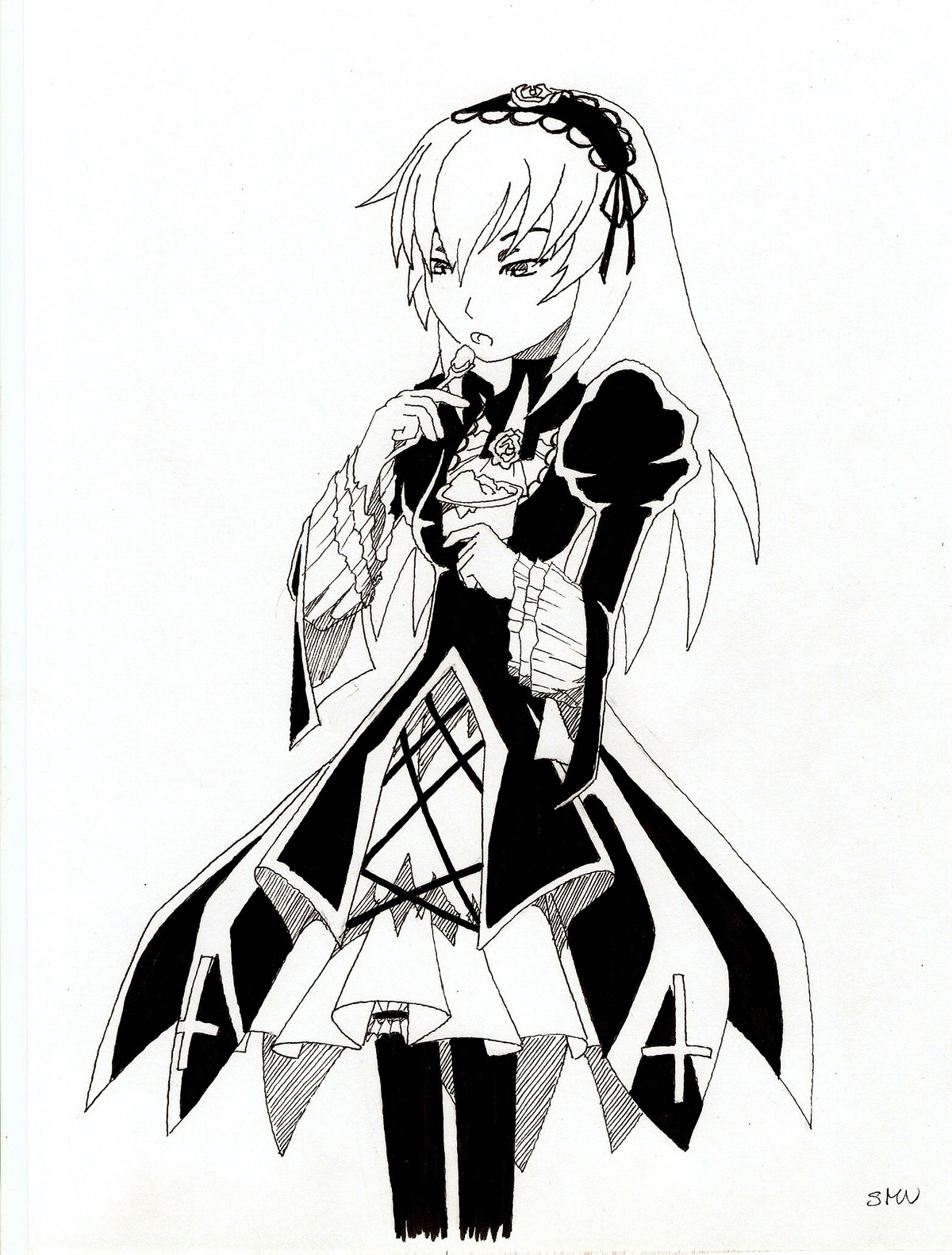 1girl dress frills greyscale hairband image long_hair long_sleeves monochrome open_mouth solo standing suigintou