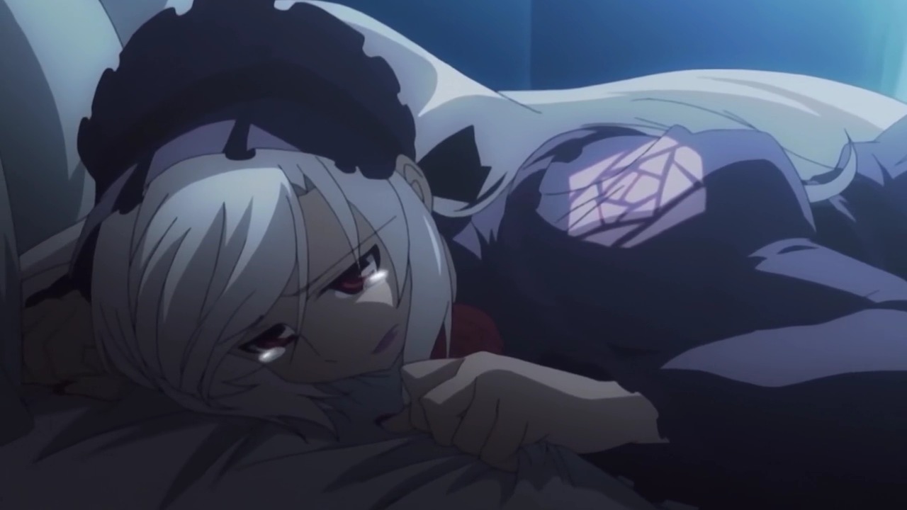 1girl bed bed_sheet black_dress dress frills half-closed_eyes image long_sleeves lying red_eyes solo suigintou white_hair