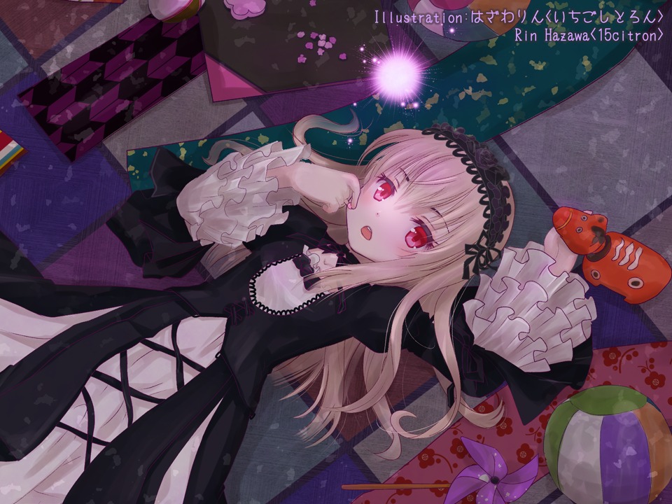 1girl black_dress blush dress flower frills gothic_lolita hairband lolita_fashion long_hair long_sleeves lying open_mouth red_eyes ribbon solo suigintou wide_sleeves