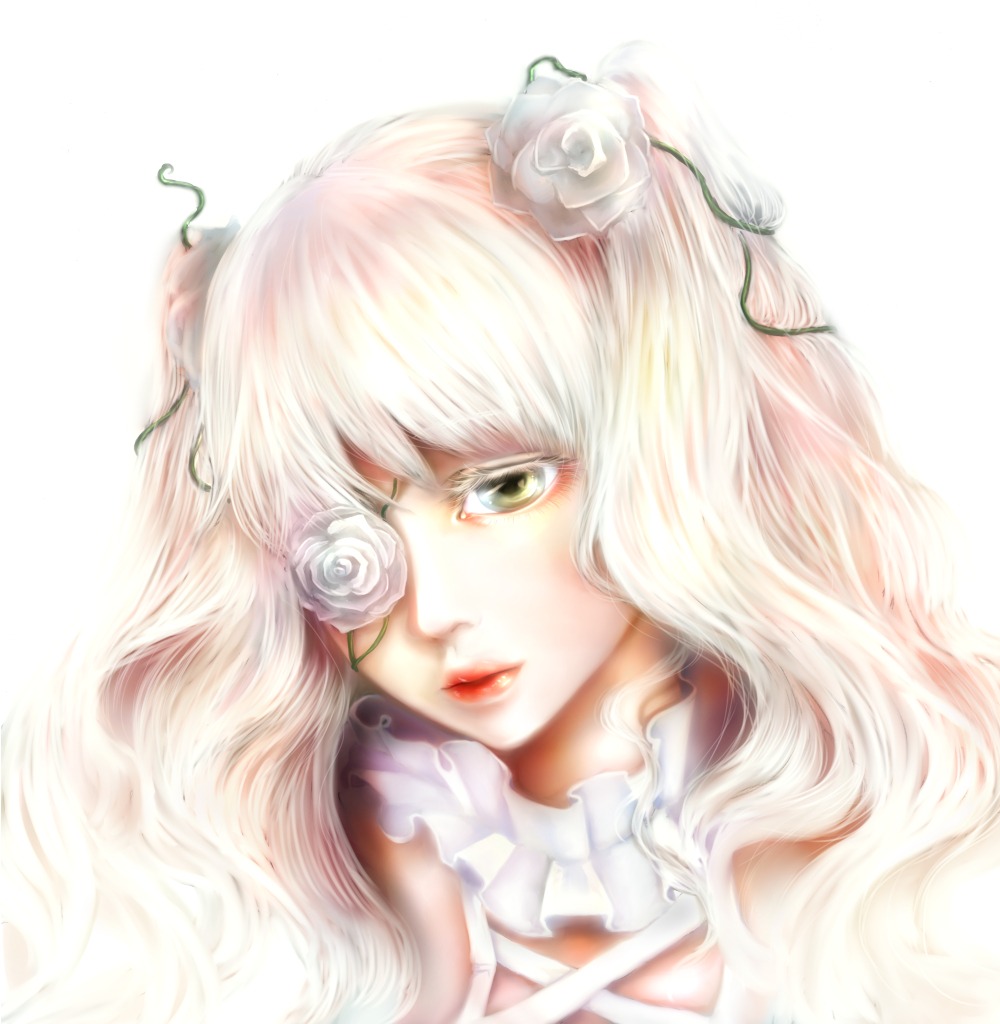 1girl bangs blonde_hair breasts eyelashes flower green_eyes hair_flower hair_ornament image kirakishou lips lm_muffet long_hair portrait ribbon rose rozen_maiden simple_background solo white_flower white_hair white_rose