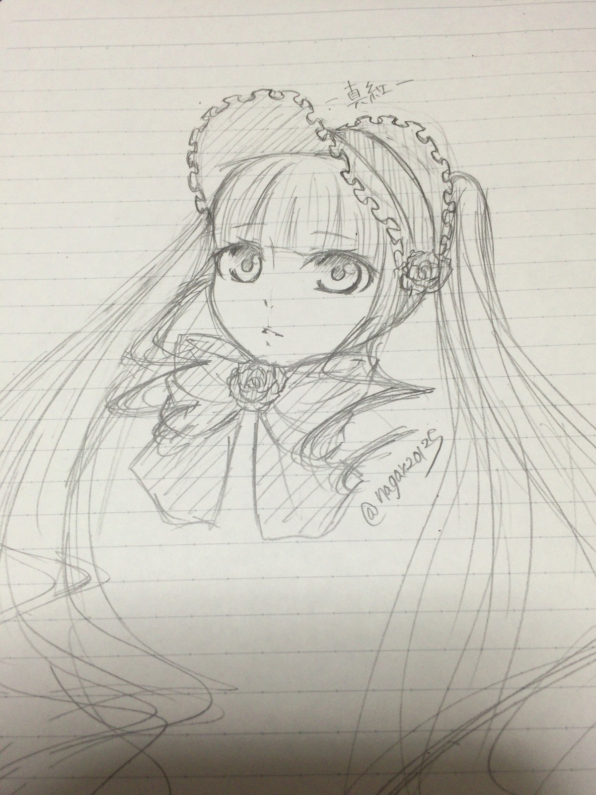 1girl bangs bow bowtie dress flower frills hairband image long_hair looking_at_viewer monochrome rose shinku simple_background sketch solo traditional_media twintails