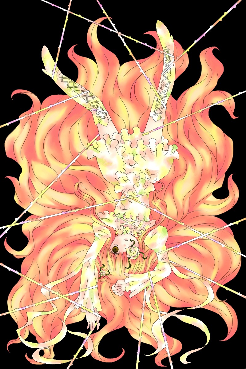 1girl arms_up arrow_(projectile) blonde_hair boots bow_(weapon) brooch choker circlet drawing_bow dress full_body image jewelry kirakishou knee_boots long_hair magical_girl multicolored_hair orange_hair pink_hair solo transparent_background very_long_hair wavy_hair yellow_eyes