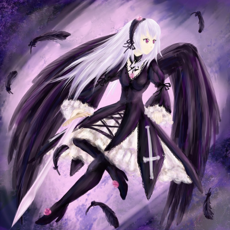 1girl bird black_feathers black_wings crow detached_collar dove dress feathered_wings feathers flying frills full_body hairband image lolita_fashion lolita_hairband long_hair long_sleeves pink_eyes silver_hair solo suigintou very_long_hair white_feathers wings