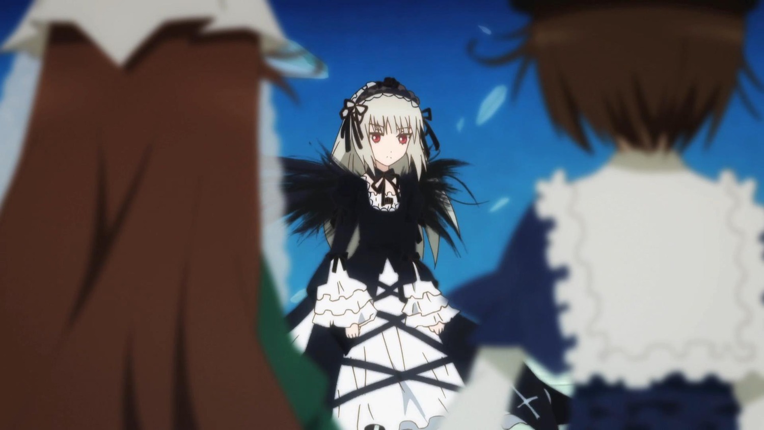 1boy black_dress black_wings blurry blurry_background blurry_foreground depth_of_field dress frills gothic_lolita hairband image lolita_fashion lolita_hairband long_hair long_sleeves motion_blur multiple multiple_girls red_eyes ribbon silver_hair solo_focus standing suigintou tagme wings