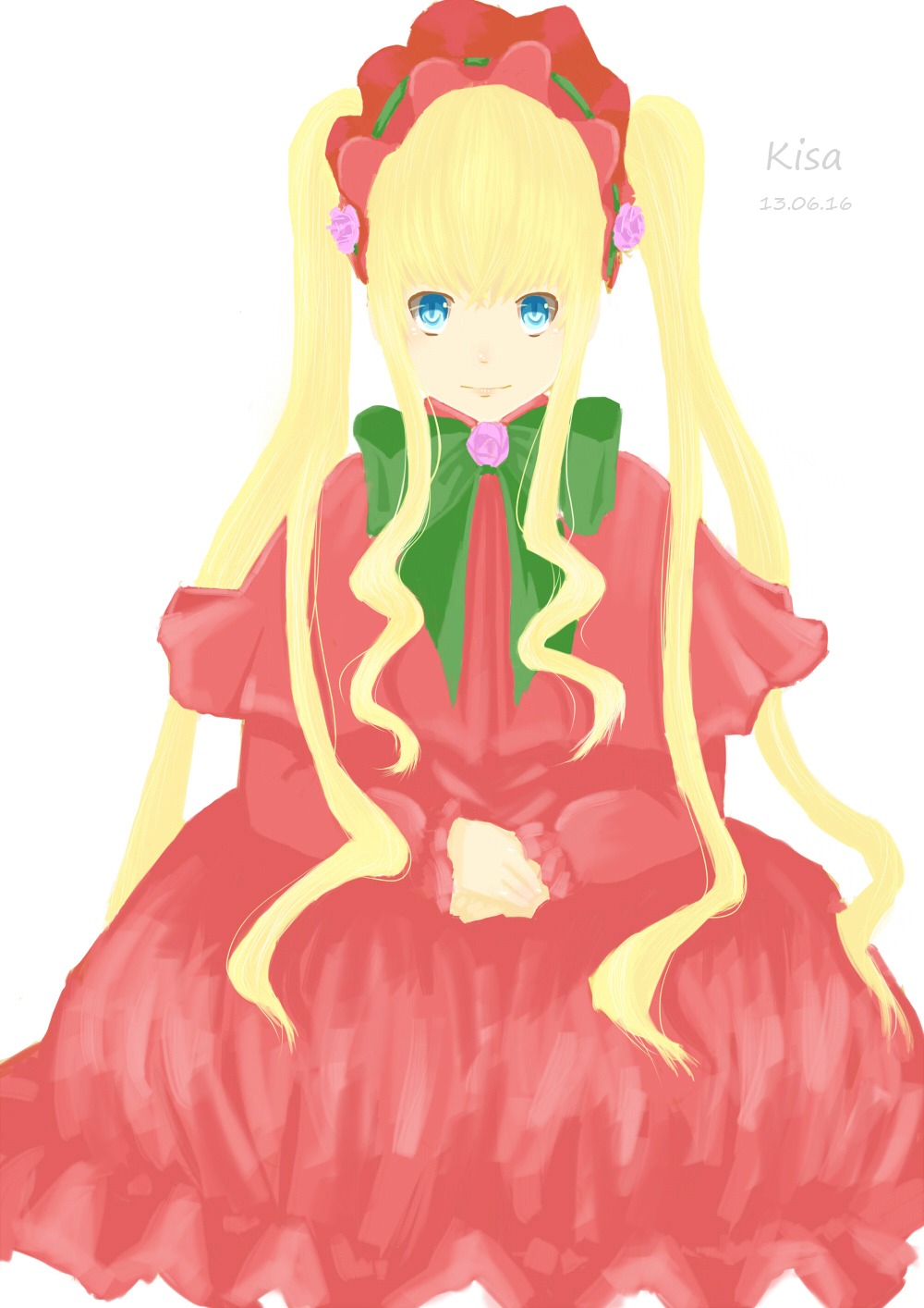 1girl blonde_hair blue_eyes bonnet bow bowtie capelet dress flower green_bow image long_hair long_sleeves looking_at_viewer red_dress rose shinku sidelocks simple_background sitting solo twintails white_background