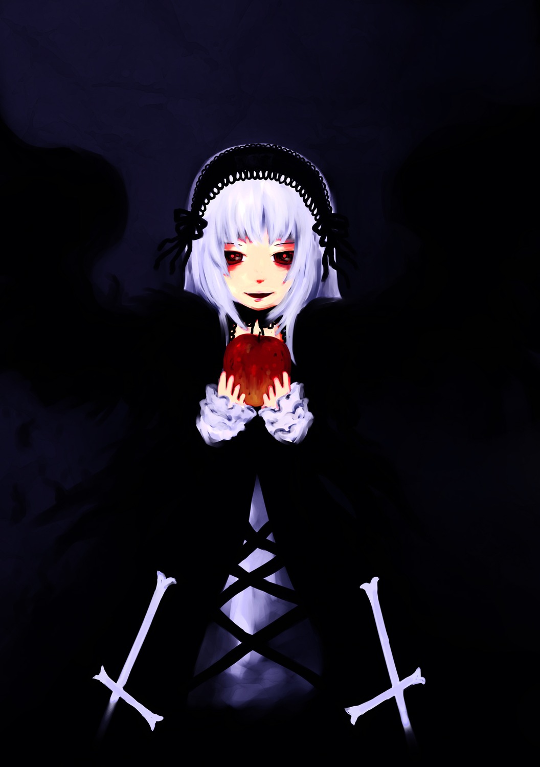 1girl black_background dress frills hairband holding holding_food holding_fruit image long_sleeves looking_at_viewer red_eyes silver_hair solo suigintou wings