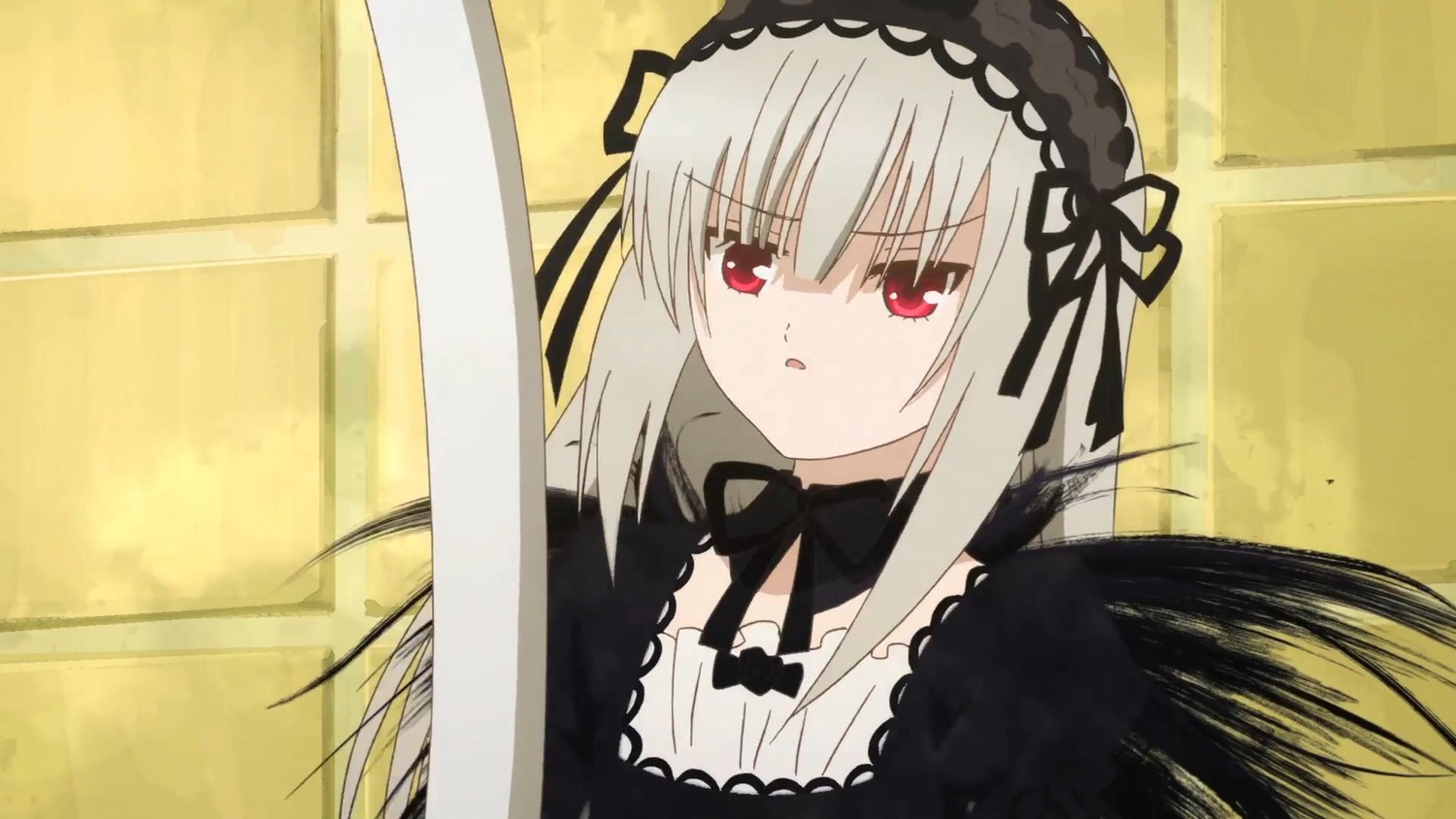 1girl auto_tagged bangs black_dress black_ribbon detached_collar dress eyebrows_visible_through_hair hairband image long_hair looking_at_viewer ribbon silver_hair solo suigintou wings