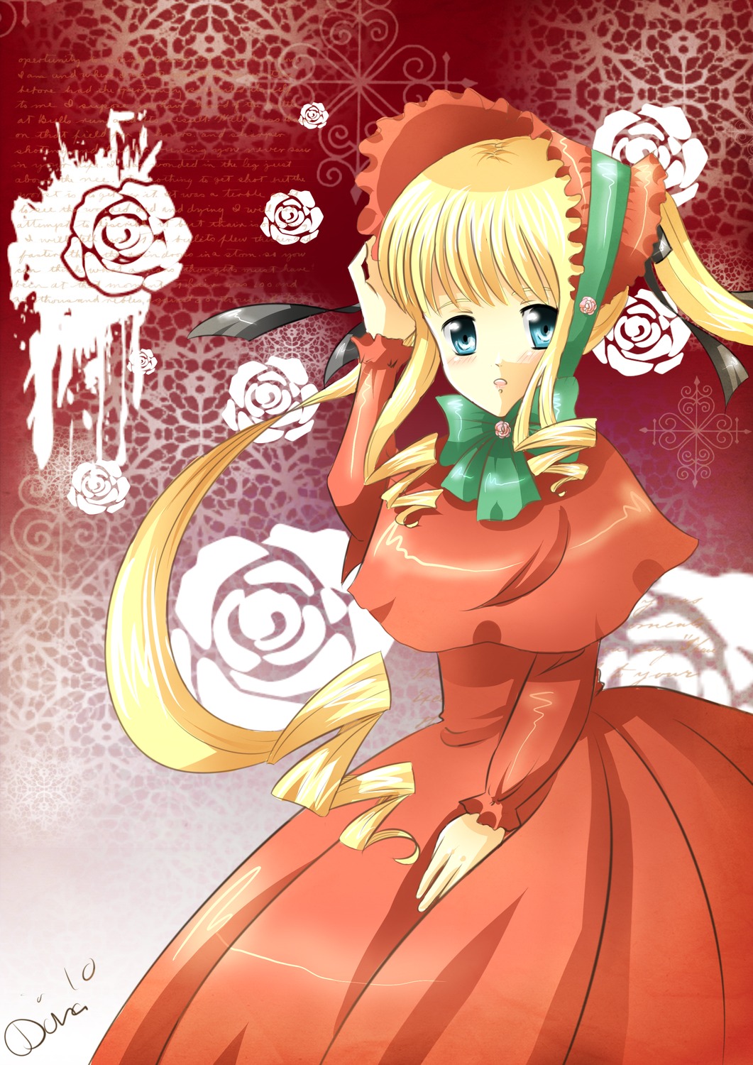 1girl blonde_hair blue_eyes bonnet bow bowtie dress drill_hair flower green_bow image long_hair long_sleeves looking_at_viewer pink_rose red_dress ringlets rose shinku solo twin_drills twintails very_long_hair white_flower white_rose