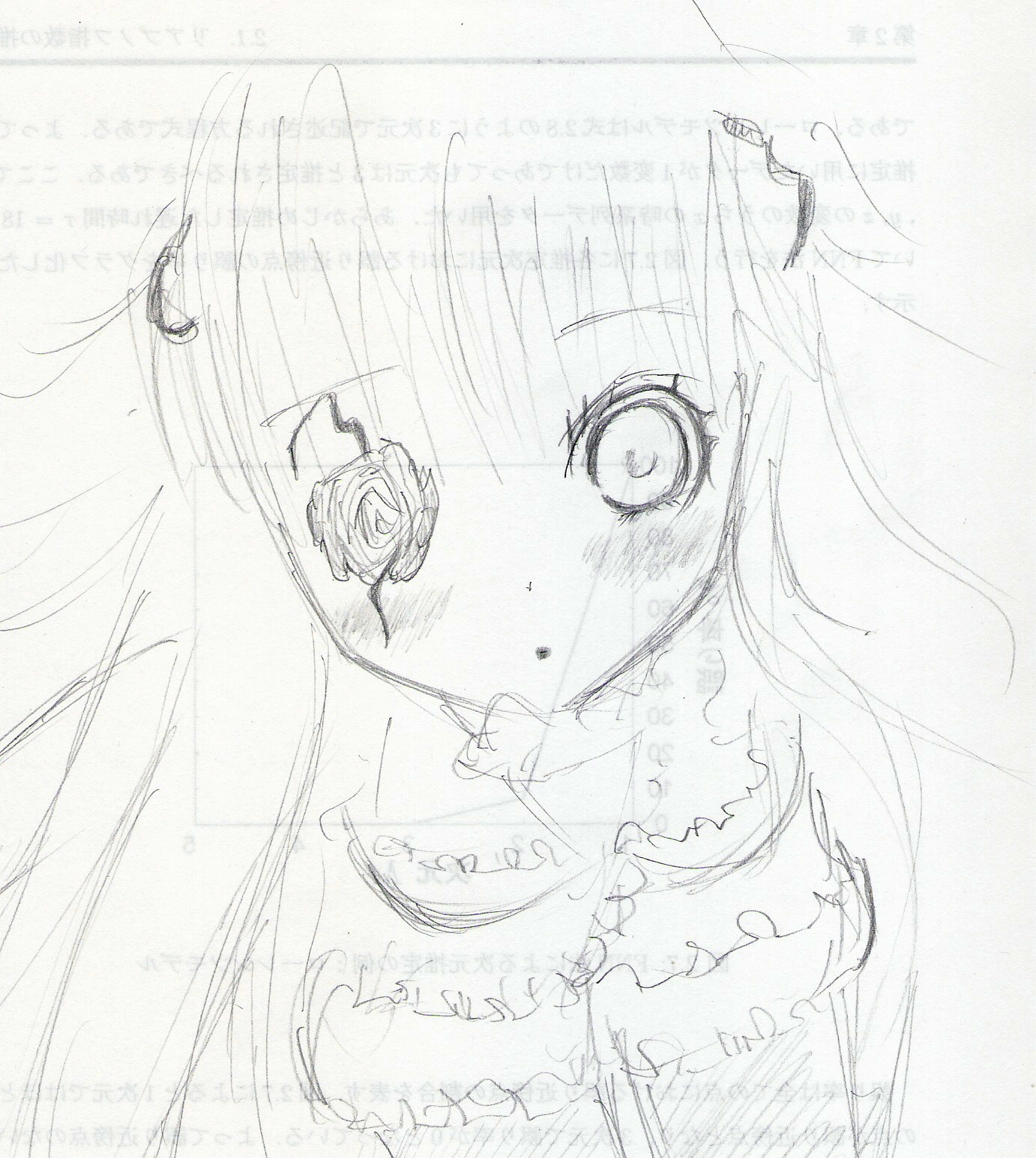 1girl blush flower image kirakishou long_hair looking_at_viewer monochrome solo traditional_media