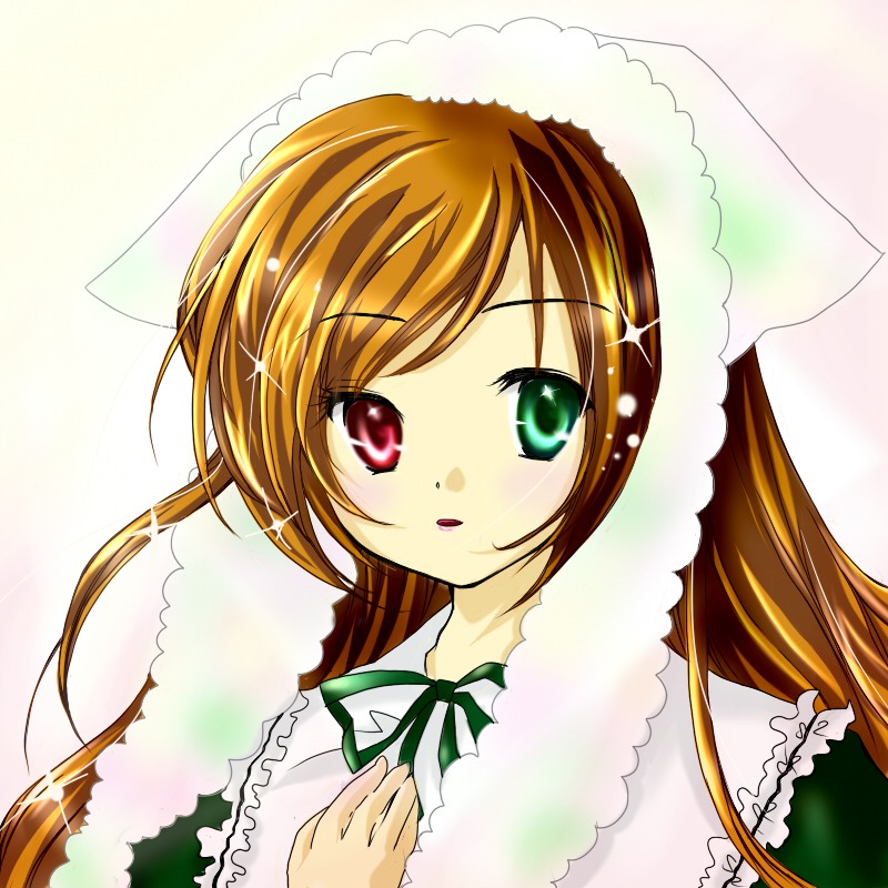 1girl brown_hair dress frills green_eyes heterochromia image long_hair long_sleeves looking_at_viewer red_eyes simple_background solo sparkle suiseiseki upper_body