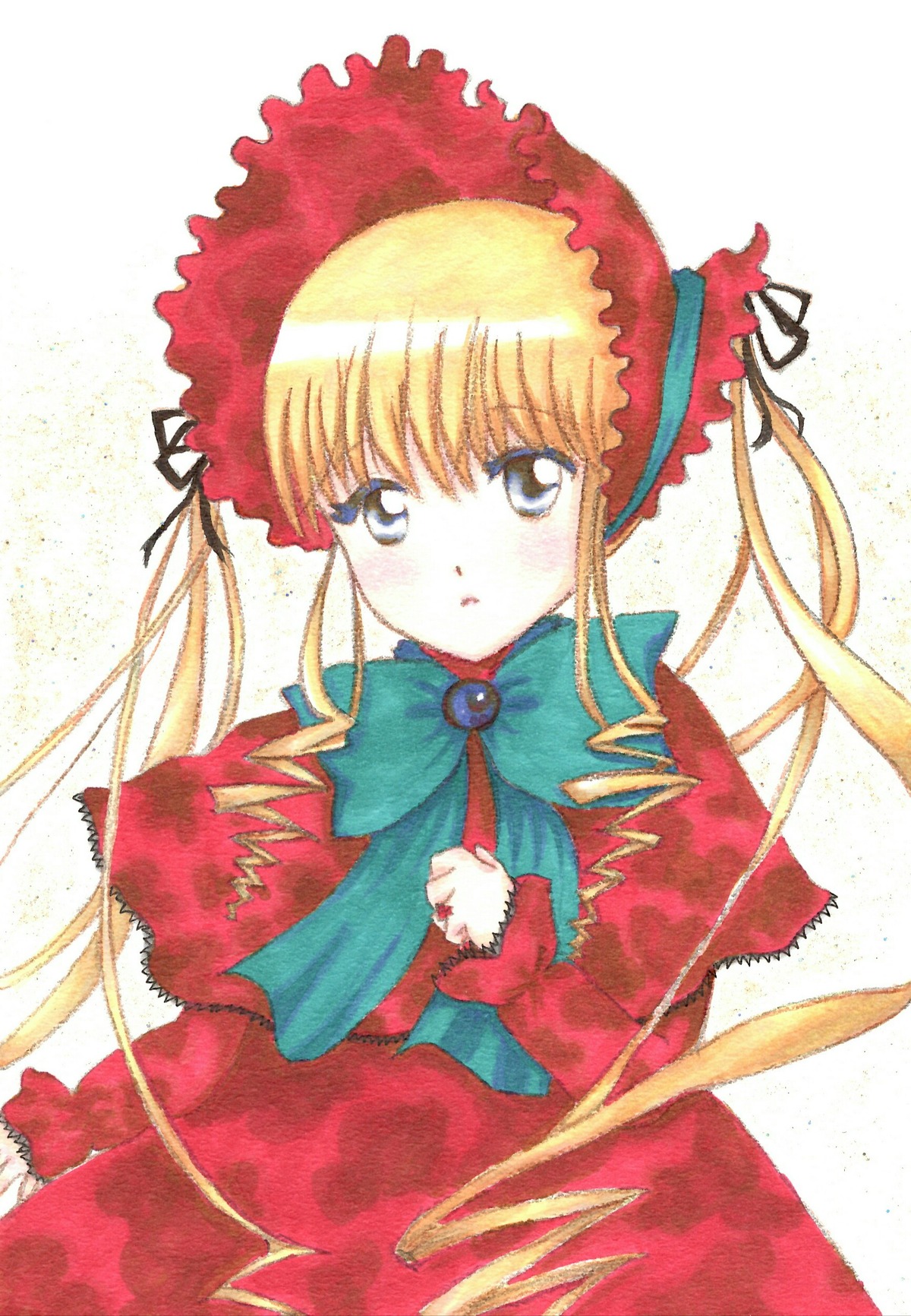 1girl blonde_hair blue_eyes bonnet bow bowtie capelet dress drill_hair green_bow image long_hair long_sleeves looking_at_viewer red_dress shinku sidelocks simple_background solo twin_drills twintails white_background