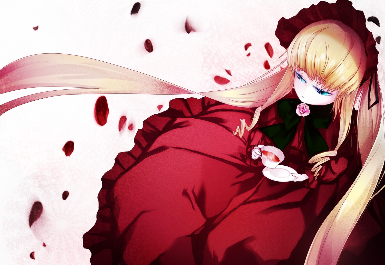 1girl blonde_hair blue_eyes bonnet bow cup dress flower holding_cup image long_hair petals rose rose_petals saucer shinku sitting solo tea teacup twintails