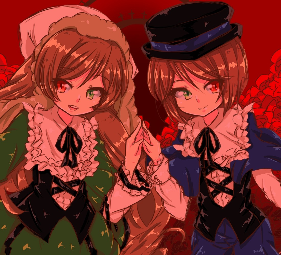 2girls brown_hair dress frills green_dress green_eyes hat heterochromia holding_hands image long_hair long_sleeves looking_at_viewer multiple_girls open_mouth pair red_background red_eyes short_hair siblings sisters smile souseiseki suiseiseki twins very_long_hair