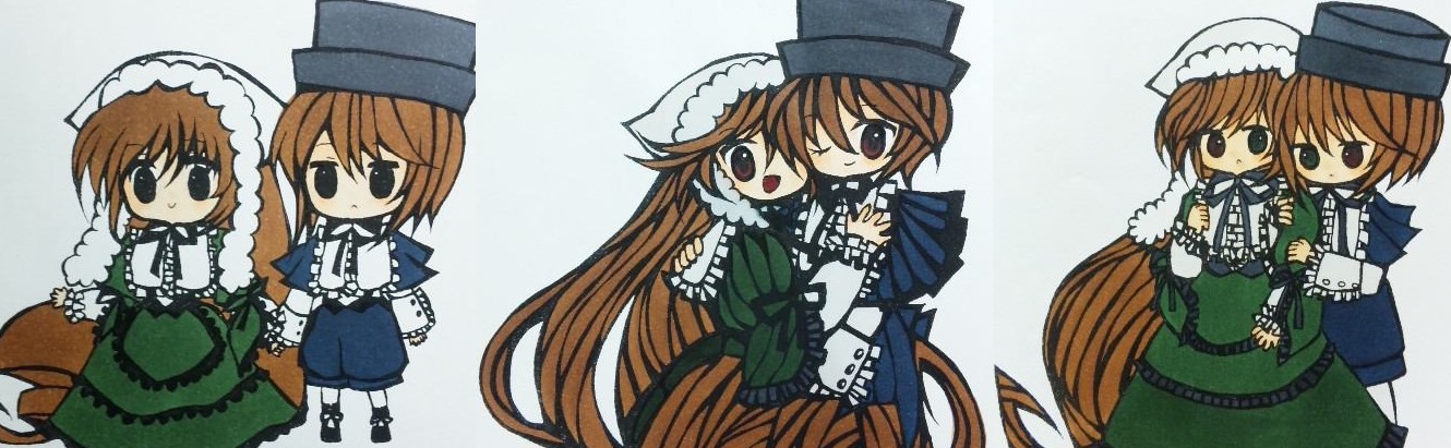 1girl brown_hair chibi dress frills green_dress hat image long_hair long_sleeves multiple_girls pair smile souseiseki suiseiseki tears top_hat very_long_hair