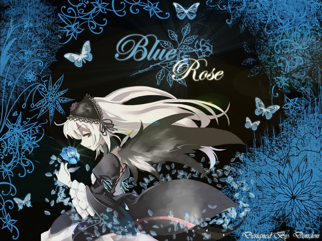 1girl blue_butterfly blue_flower bug butterfly butterfly_hair_ornament butterfly_wings dress flower frills hairband image insect lolita_hairband long_hair long_sleeves profile rose silver_hair solo suigintou very_long_hair wings