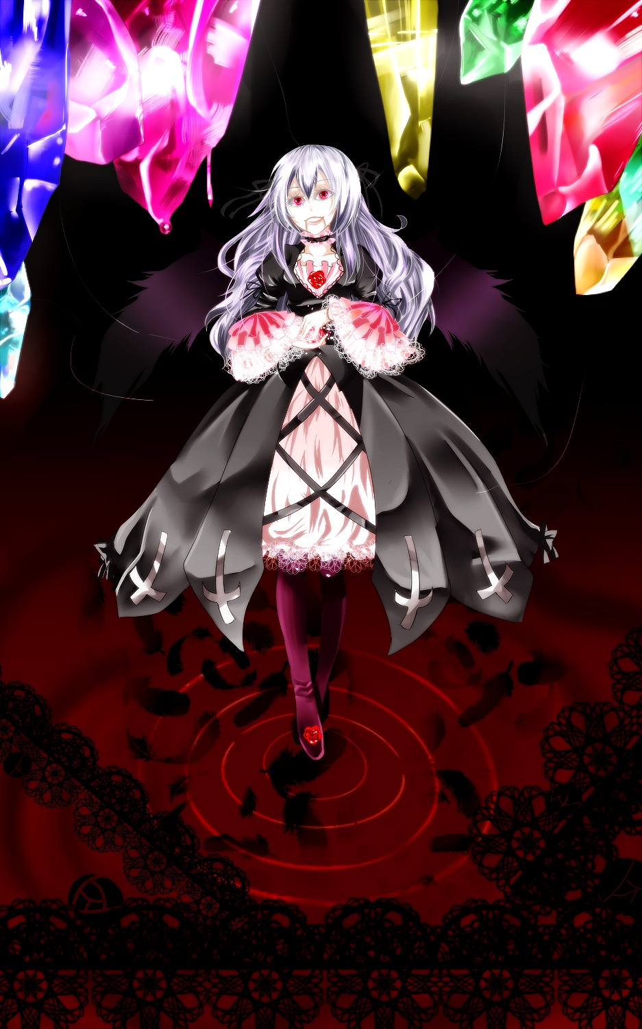 1girl blood dress full_body image long_hair long_sleeves open_mouth red_eyes smile solo standing suigintou wings