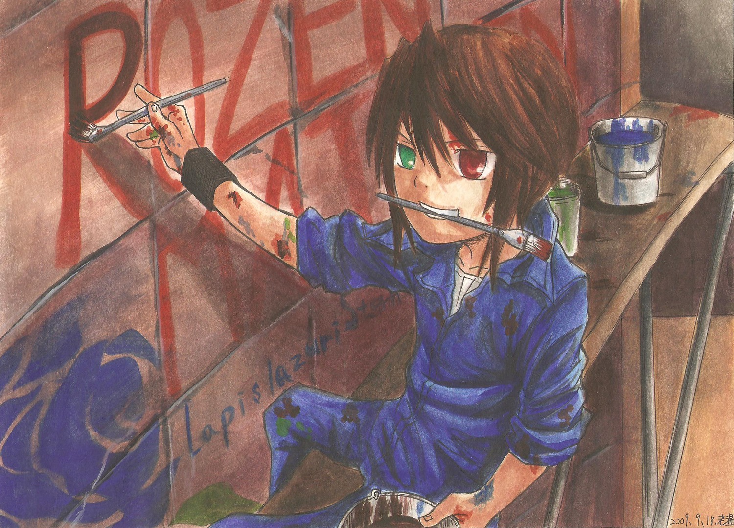 1boy androgynous auto_tagged brown_hair cigarette heterochromia image mouth_hold paintbrush red_eyes scissors sleeves_rolled_up solo souseiseki