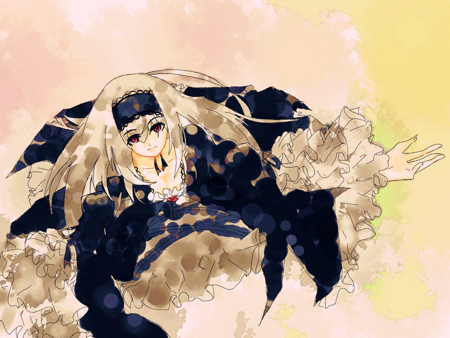 1girl auto_tagged bangs black_dress blonde_hair closed_mouth dress frilled_sleeves frills hairband image long_hair long_sleeves looking_at_viewer red_eyes smile solo suigintou very_long_hair